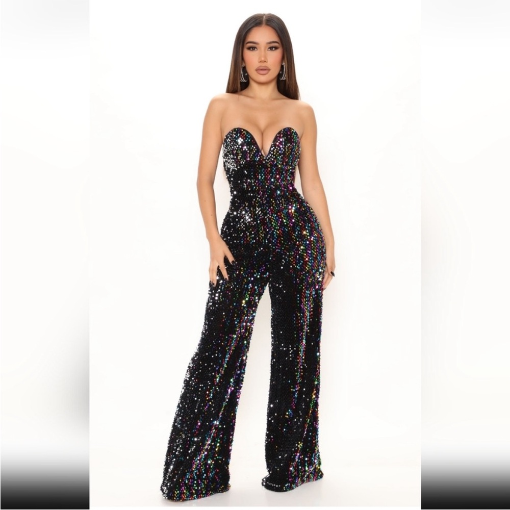 Fashion Nova Black Sequin Party Strapless Jumpsuit